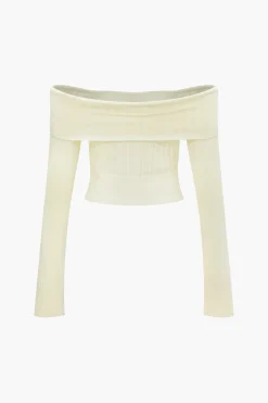 MICAS Knitwear-Off Shoulder Knit Long Sleeve Top BEIGE