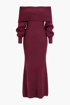 MICAS Long Sleeve Dresses|Knit Dresses-Off Shoulder Long Sleeve Sweater Dress BURGUNDY