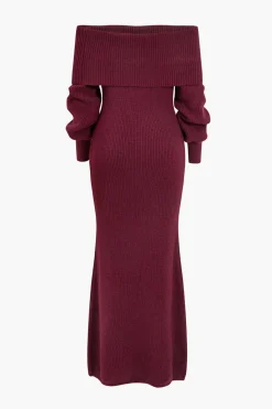 MICAS Long Sleeve Dresses|Knit Dresses-Off Shoulder Long Sleeve Sweater Dress BURGUNDY