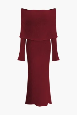 MICAS Long Sleeve Dresses|Knitwear-Off Shoulder Open Knit Maxi Dress