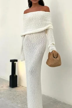 MICAS Long Sleeve Dresses|Knitwear-Off Shoulder Open Knit Maxi Dress