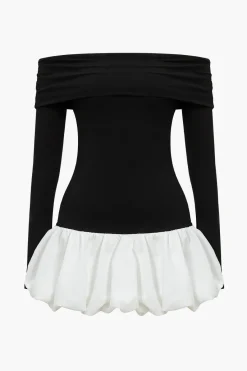 MICAS Long Sleeve Dresses|Mini Dresses-Off Shoulder Patchwork Mini Dress