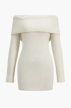 MICAS Knit Tops-Off Shoulder Ribbed Knit Mini Dress