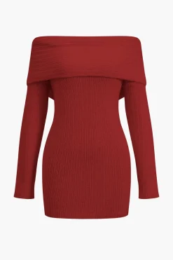 MICAS Knit Tops-Off Shoulder Ribbed Knit Mini Dress