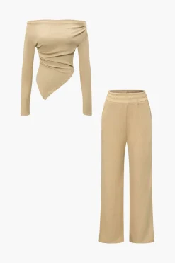 MICAS Pant Sets-Off Shoulder Ruched Asymmetric Top And Straight Leg Pants Set