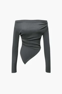 MICAS Pant Sets-Off Shoulder Ruched Asymmetric Top And Straight Leg Pants Set