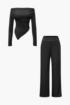 MICAS Pant Sets-Off Shoulder Ruched Asymmetric Top And Straight Leg Pants Set