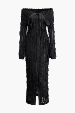 MICAS Long Sleeve Dresses|Maxi Dresses-Off Shoulder Textured Button Up Slit Long Sleeve Maxi Dress