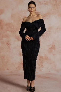 MICAS Long Sleeve Dresses|Maxi Dresses-Off Shoulder Textured Button Up Slit Long Sleeve Maxi Dress