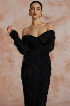 MICAS Long Sleeve Dresses|Maxi Dresses-Off Shoulder Textured Button Up Slit Long Sleeve Maxi Dress