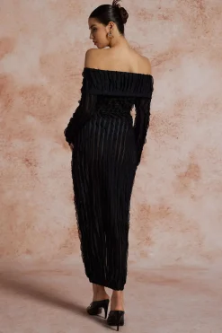 MICAS Long Sleeve Dresses|Maxi Dresses-Off Shoulder Textured Button Up Slit Long Sleeve Maxi Dress