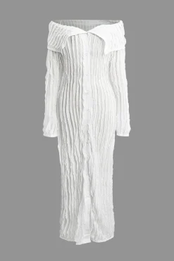 MICAS Long Sleeve Dresses|Maxi Dresses-Off Shoulder Textured Button Up Slit Long Sleeve Maxi Dress