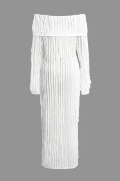 MICAS Long Sleeve Dresses|Maxi Dresses-Off Shoulder Textured Button Up Slit Long Sleeve Maxi Dress