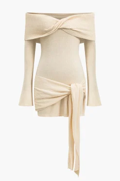 MICAS Long Sleeve Dresses|Knit Dresses-Off Shoulder Twist Front Knit Mini Dress