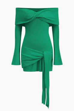 MICAS Long Sleeve Dresses|Knit Dresses-Off Shoulder Twist Front Knit Mini Dress