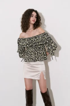 MICAS Long Sleeve Tops|Long Sleeves Tops-Off-The-Shoulder Chiffon Peplum Top BLACK