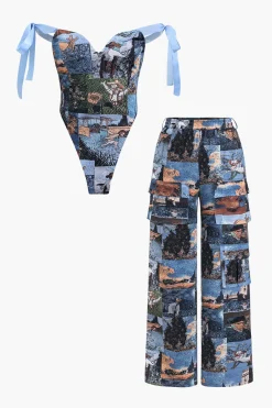 MICAS Pant Sets-Oil Painting Pattern Drawstring Strappy Top And Pocket Trousers Set MULTICOLOR