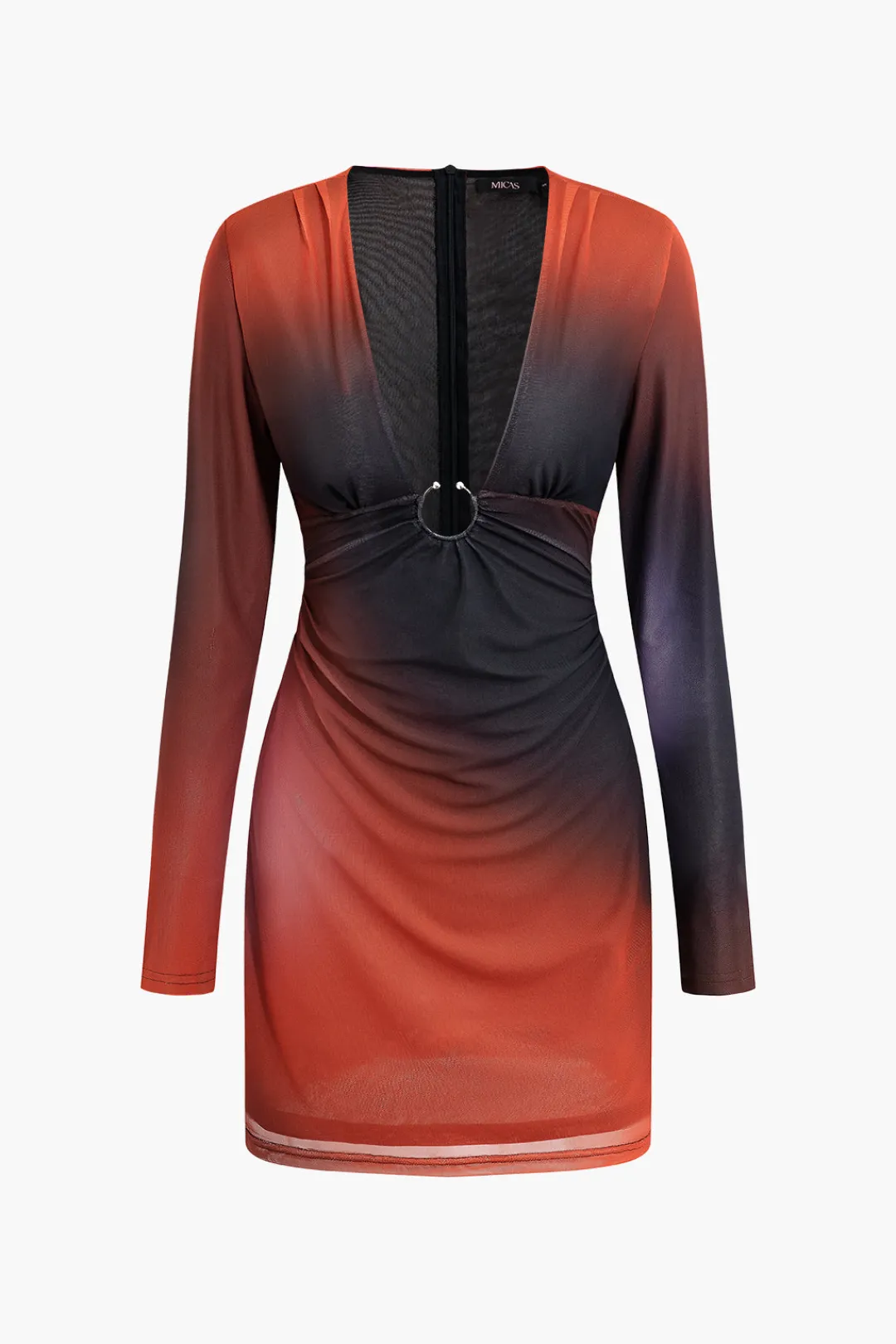 MICAS Long Sleeve Dresses|Mini Dresses-Ombre Mesh Deep V-neck Long Sleeve Mini Dress Contrast Color