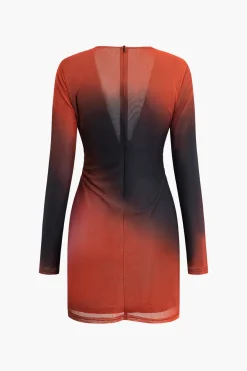 MICAS Long Sleeve Dresses|Mini Dresses-Ombre Mesh Deep V-neck Long Sleeve Mini Dress Contrast Color