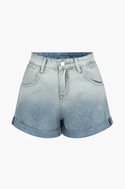MICAS Shorts-Ombre Print Button Zipper Denim Shorts LIGHT WASH BLUE