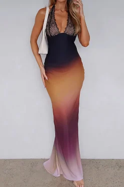 MICAS Maxi Dresses-Ombre Print Mesh Backless Lace Sleeveless Maxi Dress MULTICOLOR