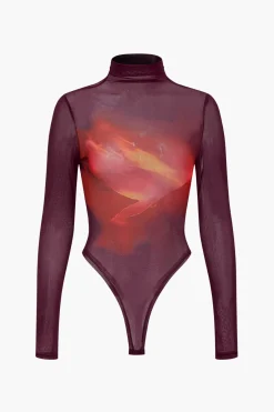 MICAS Bodysuits-Ombre Print Mesh Long Sleeve Bodysuit MAROON