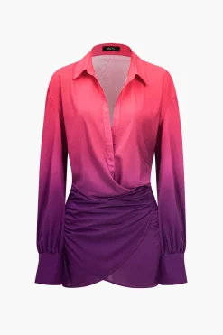 MICAS Long Sleeve Dresses|Mini Dresses-Ombre Print Ruched Button Up Mini Dress Contrast Color