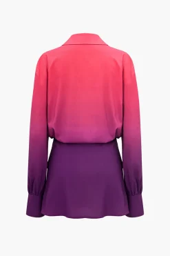 MICAS Long Sleeve Dresses|Mini Dresses-Ombre Print Ruched Button Up Mini Dress Contrast Color