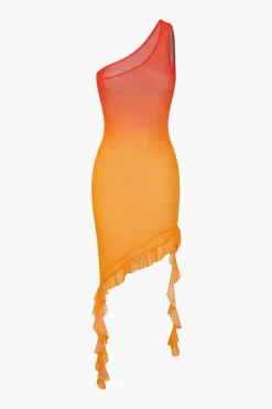 MICAS Swimwear-Ombre Ruffle One Shoulder Cover Up Contrast Color