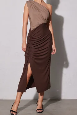 MICAS Maxi Dresses-One Shouder Patchwork Ruched Slit Maxi Dress LIGHT BROWN