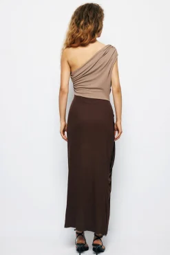MICAS Maxi Dresses-One Shouder Patchwork Ruched Slit Maxi Dress LIGHT BROWN