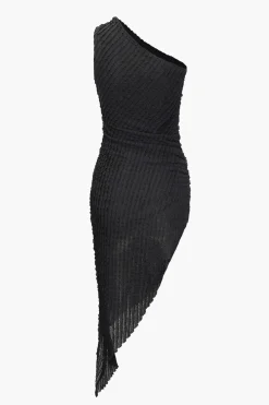 MICAS Midi Dresses-One Shoulder Asymmetric Midi Dress BLACK