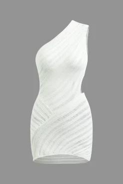 MICAS Knit Dresses-One Shoulder Cut Out Stripe Pattern Knit Mini Dress