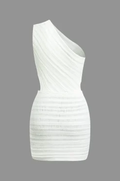 MICAS Knit Dresses-One Shoulder Cut Out Stripe Pattern Knit Mini Dress