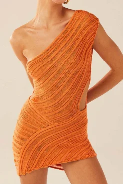 MICAS Knit Dresses-One Shoulder Cut Out Stripe Pattern Knit Mini Dress