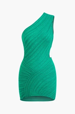 MICAS Knit Dresses-One Shoulder Cut Out Stripe Pattern Knit Mini Dress