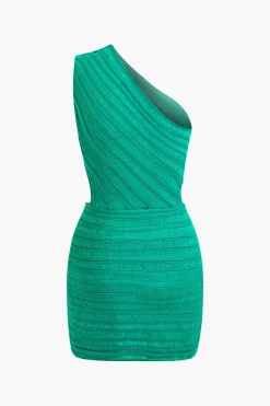 MICAS Knit Dresses-One Shoulder Cut Out Stripe Pattern Knit Mini Dress