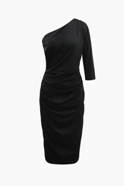MICAS Long Sleeve Dresses|Midi Dresses-One Shoulder Ruched Midi Dress