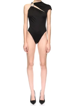 MICAS Bodysuits-One Shoulder Ruched Short Sleeve Bodysuit BLACK