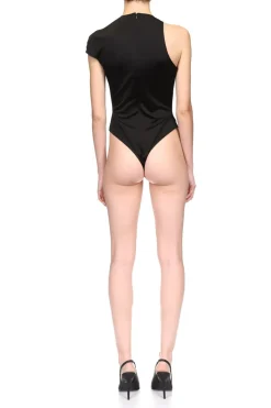 MICAS Bodysuits-One Shoulder Ruched Short Sleeve Bodysuit BLACK