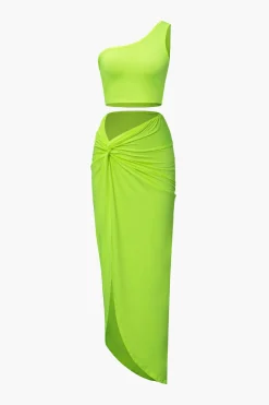 MICAS Skirt Sets-One Shoulder Tank Top And Twist Detail Skirt Set NEON GREEN