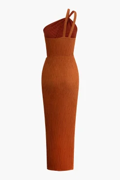 MICAS Maxi Dresses-One-Shoulder Ruched Cutout Slit Maxi Dress RUST