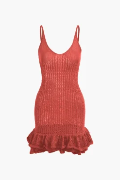 MICAS Knitwear|Mini Dresses-Open Knit Ruffle Hem Cami Mini Dress