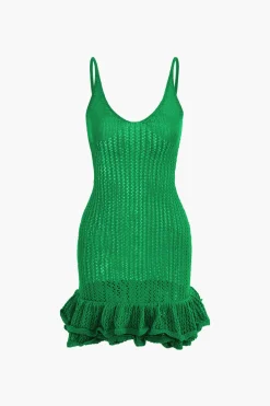 MICAS Knitwear|Mini Dresses-Open Knit Ruffle Hem Cami Mini Dress