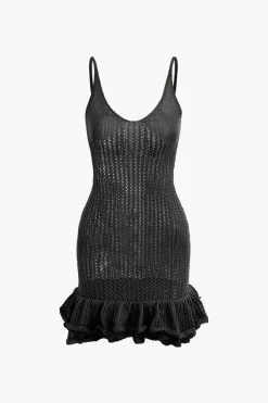 MICAS Knitwear|Mini Dresses-Open Knit Ruffle Hem Cami Mini Dress