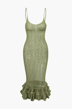 MICAS Knitwear|Knit Dresses-Open Knit Ruffle Hem Cami Midi Dress GREEN
