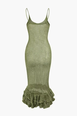 MICAS Knitwear|Knit Dresses-Open Knit Ruffle Hem Cami Midi Dress GREEN