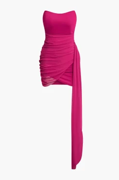 MICAS Mini Dresses-Overlay Ruched Drape Strapless Mini Dress RASPBERRY