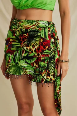 MICAS Skirts-Palm Leaf Print Fringe Knot Mini Skirt GREEN