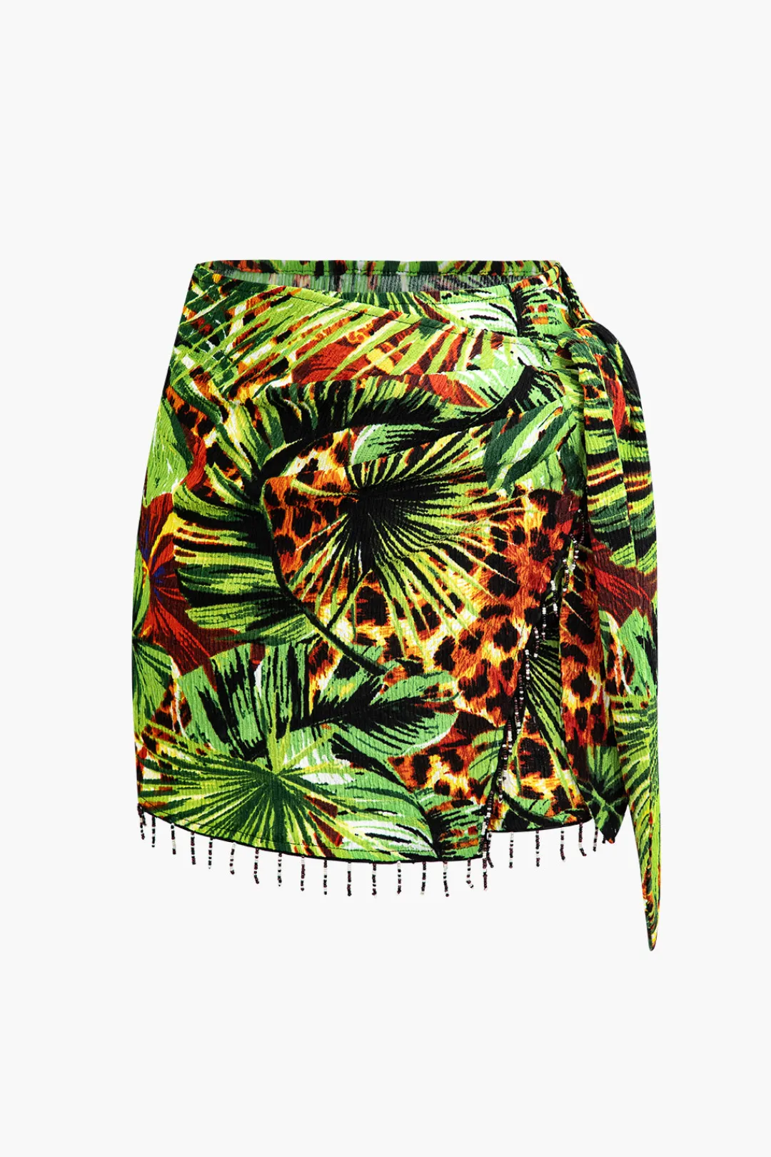 MICAS Skirts-Palm Leaf Print Fringe Knot Mini Skirt GREEN